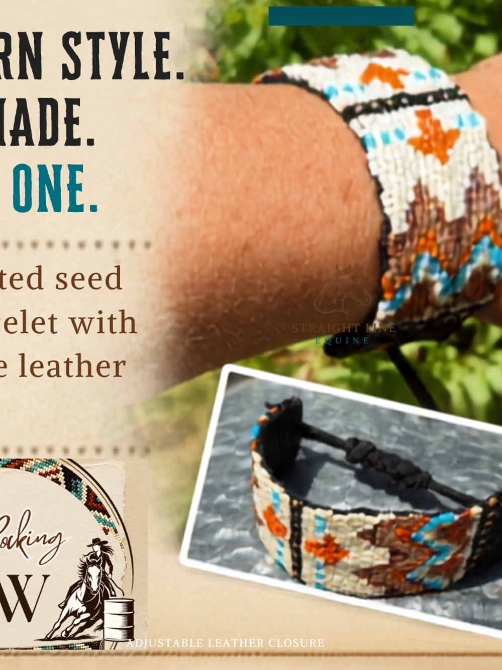Handmade White, Turquoise & Orange Seed Bead Bracelet with Leather Closure